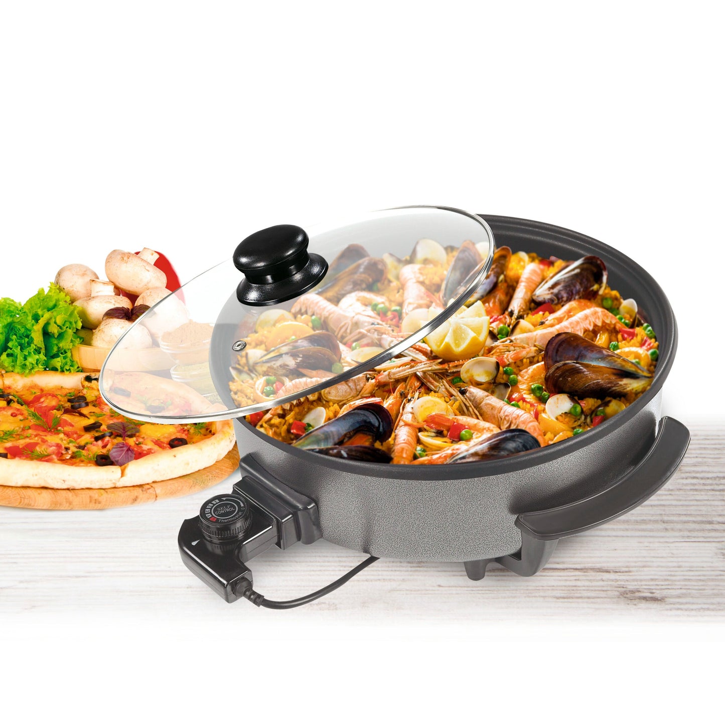 Paellera Eléctrica, Plato de Pizza, Sartén Eléctrica con Tapa de Cristal Templado y Revestimiento Antiadherente, Potencia 1500W, Control de Termostato Ajustable, Asas para Facilitar el Transporte, Fácil de Limpiar