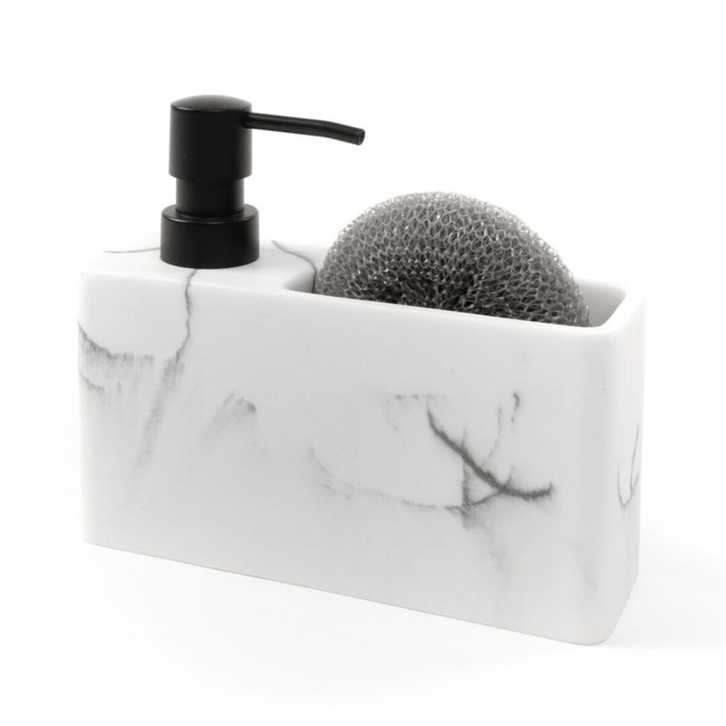 Dispensador Jabón Cocina y Estropajo Efecto Marmol, Dispensador de Lavado de Manos con Recipiente Rellenable y Estropajo, Ideal para Cocina y Baño, 18.5 x 6.3 x 15.6cm