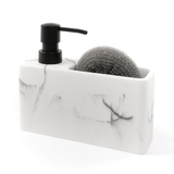 Dispensador Jabón Cocina y Estropajo Efecto Marmol, Dispensador de Lavado de Manos con Recipiente Rellenable y Estropajo, Ideal para Cocina y Baño, 18.5 x 6.3 x 15.6cm