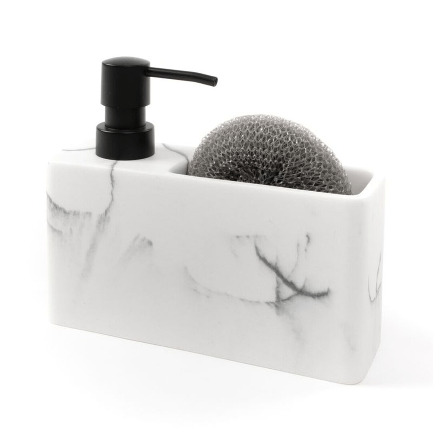 Dispensador Jabón Cocina y Estropajo Efecto Marmol, Dispensador de Lavado de Manos con Recipiente Rellenable y Estropajo, Ideal para Cocina y Baño, 18.5 x 6.3 x 15.6cm