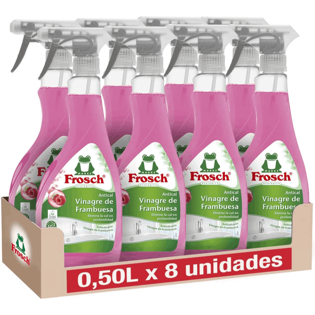 Frosch Limpiador Antical Vinagre de Frambuesa, Elimina las Manchas de Cal y Suciedad del Baño, Eficacia Desincrustante, Pack de 8 Unidades x 500 ml, 4L en Total