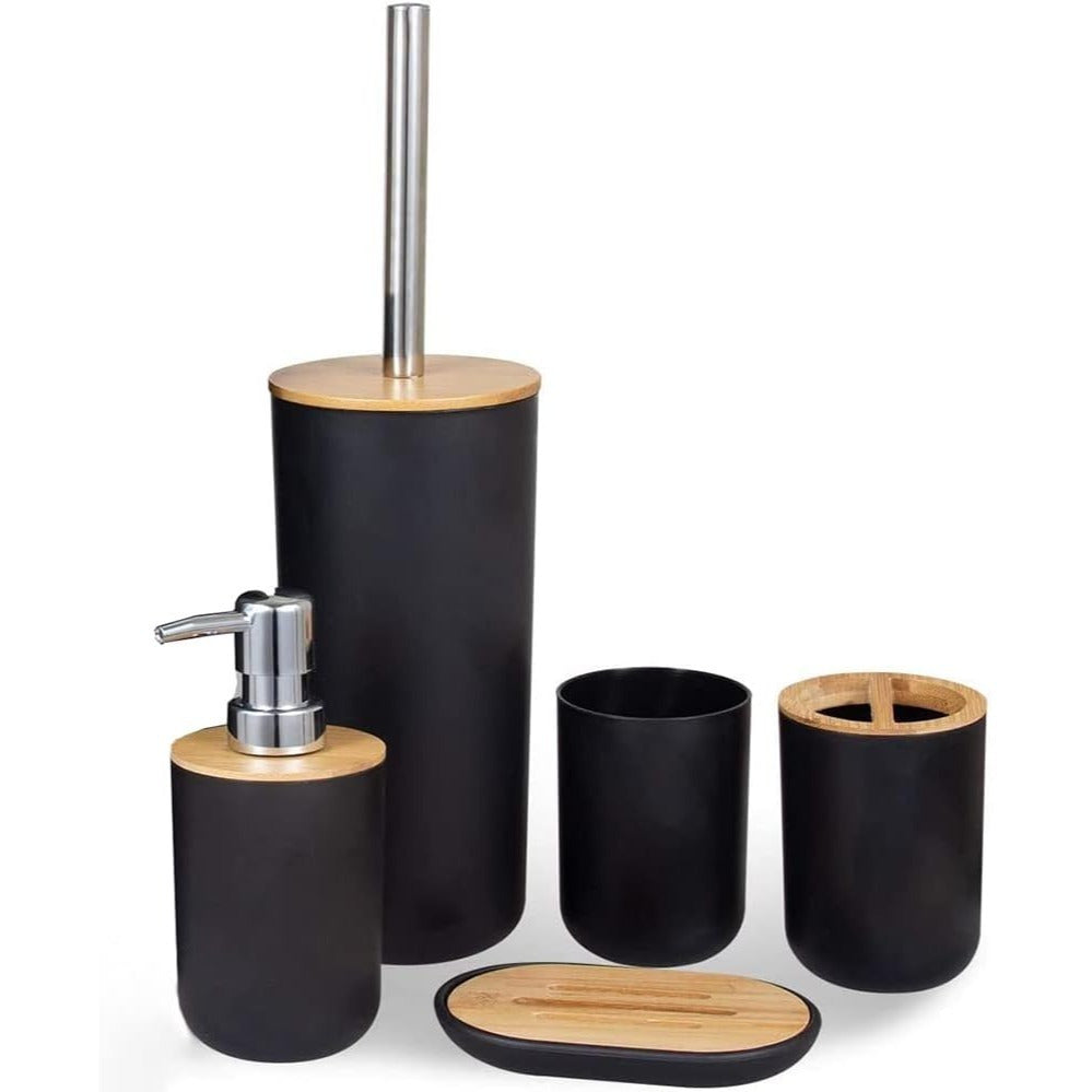 Set de Baño Completo, Conjunto Accesorios Baño Diseño Moderno y Elegante, Incluye Soporte para Cepillos de Dientes, Dispensador de Jabón Líquido, Vaso, Jabonera y Escobilla de Baño, Color Negro, Fabricado en Plastico Resistente y Bambú