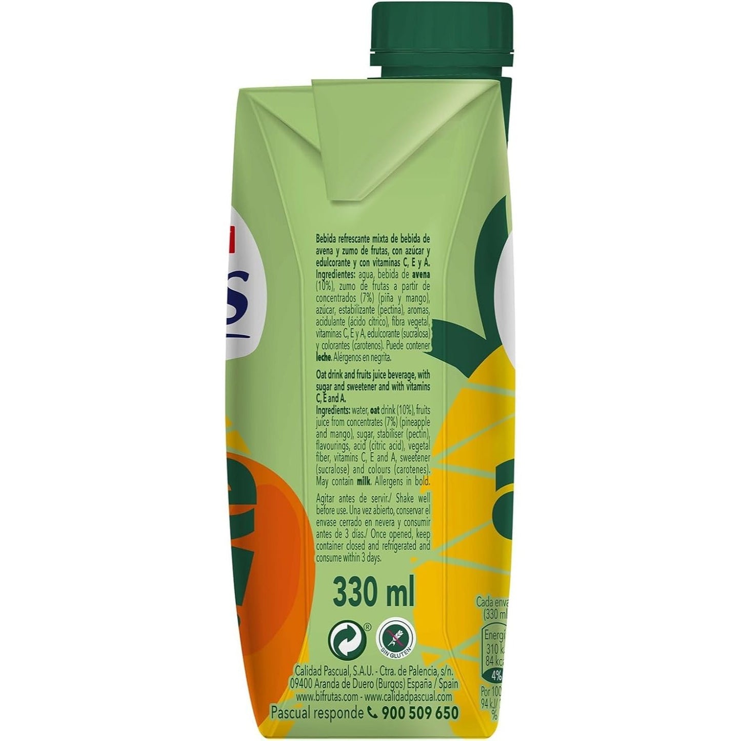 PASCUAL Bifrutas Avena, Bebida Vegetal de Avena con Sabor Tropical, Ingredientes 100% Naturales y Vitamina C, 330 ml