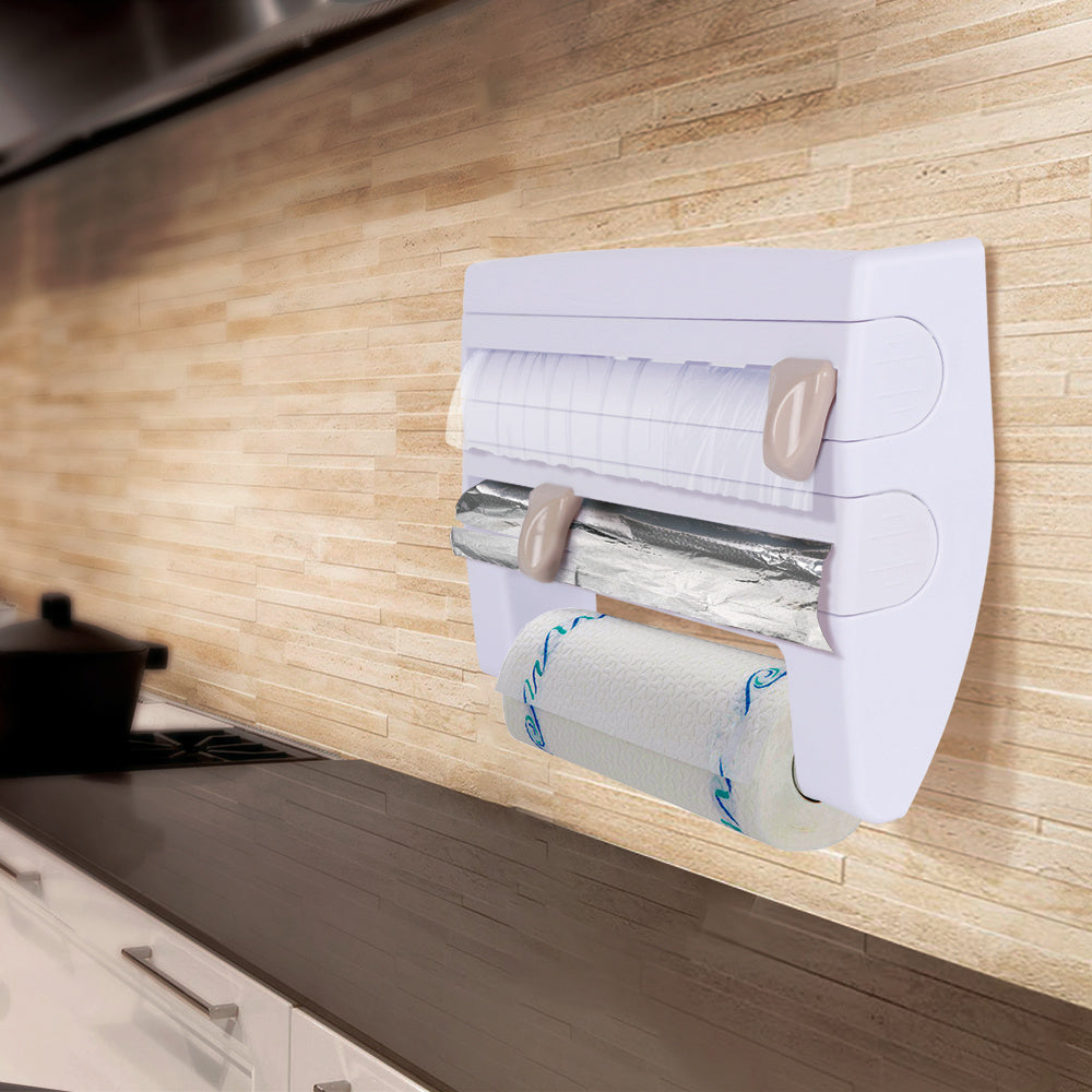 Portarrollos Papel Cocina, Estante de Almacenamiento de Cocina Montado en Pared, 2 Cortadores Incorporados, Dispensador de Plástico para Envolver, Dispensador de Papel de Aluminio, Soporte para Toallas de Papel, Soporte de Rollos de Cocina