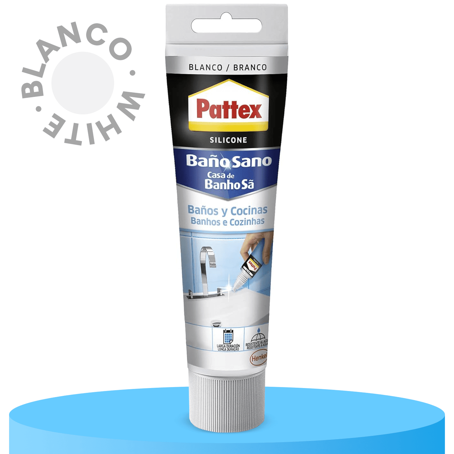 Pattex Silicona Baños y Cocinas, Resistente al Agua, Color Blanco, Secado Rápido, Multimaterial, Larga Duración, 50ml