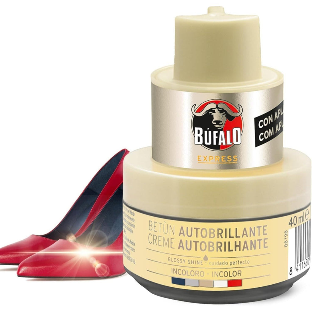 Búfalo Betún Calzado Autobrillante Incoloro, Crema para Zapatos, Aporta Brillo, Esponja Integrada, 40 ml