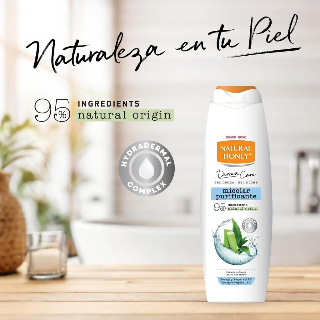 Natural Honey, Gel de Ducha Micelar Purificante con Extracto de Bambú, Hydradermal Complex y Micelas que Previenen la Sensación de Sequedad, Protege el pH Natural de la piel, Línea Derma Care, 650 ml
