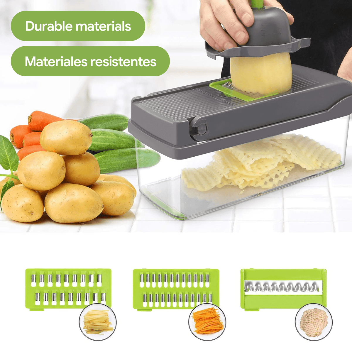 Cortador Verduras Manual Multifuncional, Múltiples Accesorios y Cuchillas, Incluye Recipiente, Pelador y Filtro, para Preparación Fácil de Comidas, Cortador Profesional para Verduras y Frutas