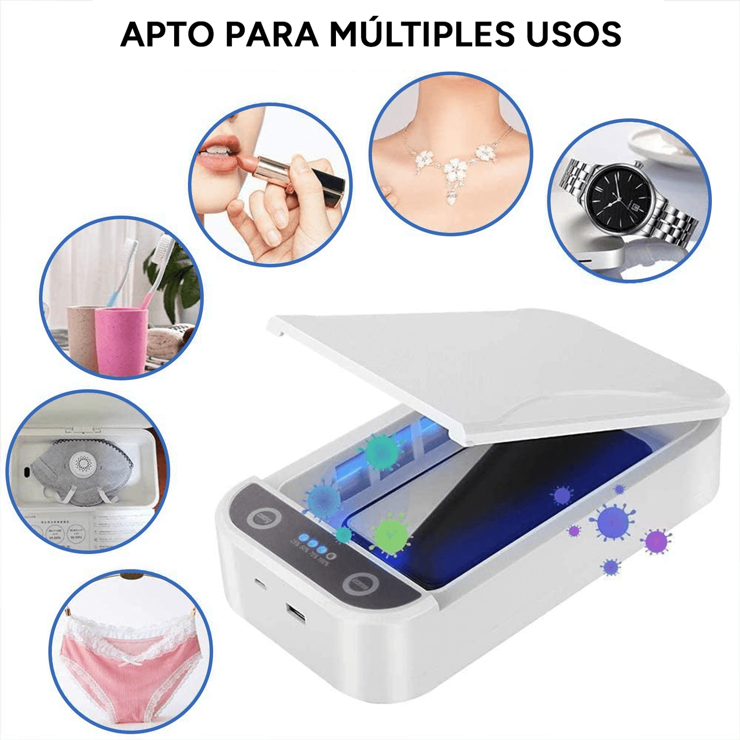 Caja Esterilizadora UV con Función de Aromaterapia, Desinfección UV en 5 Minutos, 2 Bombillas UV para Limpieza Completa 360º, Carga USB, Portátil y Facil de Usar, Para Móviles de hasta 6,5¨