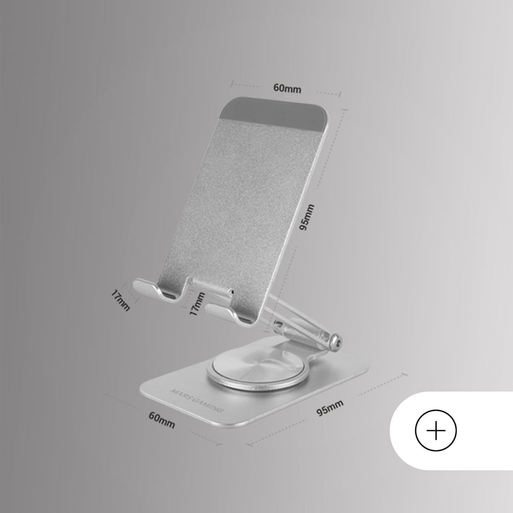Mars Gaming MA-RSS, Soporte Plegable para Smartphone, Rotación Dinámica 360º + Ajuste en Altura y Ángulo 180º, Soporte Teléfono Móvil Portátil de Aluminio, Antideslizante, Gris Plateado