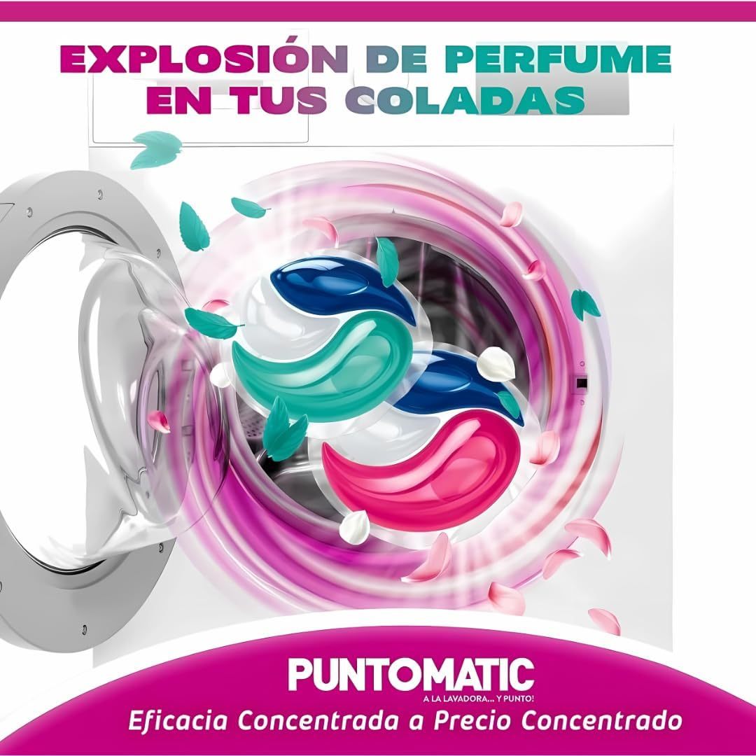 PUNTOMATIC Cápsulas Tricámara Floral, Detergente para Lavadora para Ropa Blanca y de Color, Quitamanchas, 4 Unidades, 192 Lavados en Total