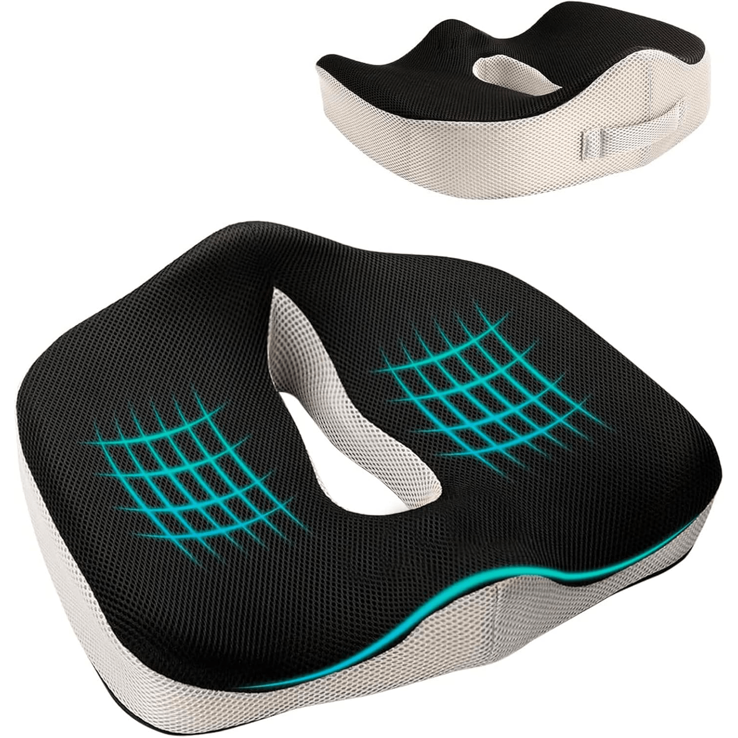 Cojín Asiento de Espuma Viscolástica ideal para Sillas de oficina y Coche, Ayuda a Corregir la Postura, Amortiguación perfecta, Hueco Central para Ventilación, Base Antideslizante, Funda Lavable de Poliéster, Asa de Transporte