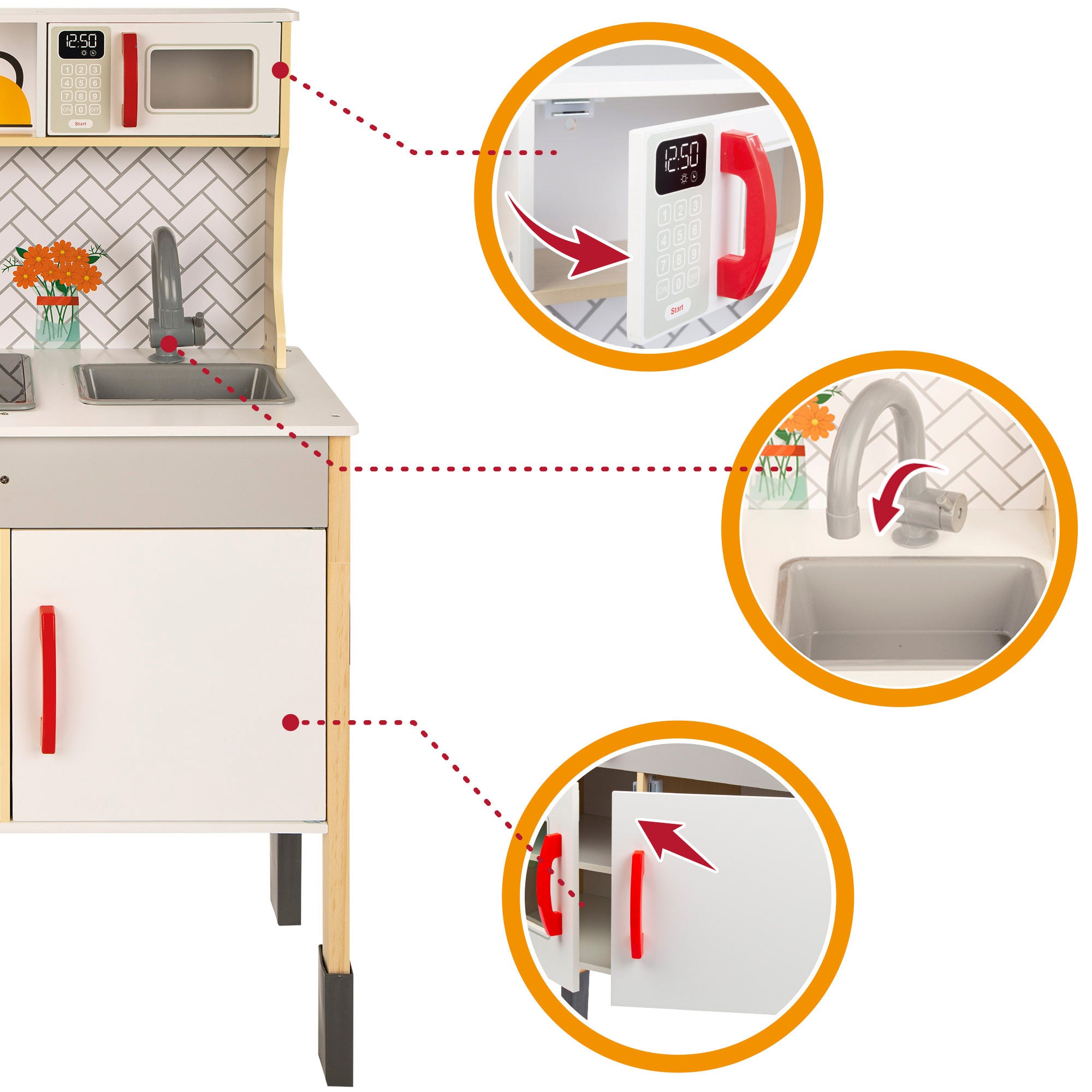 Cocina Juguete Grande con Luz y Sonido, Incluye Cocinita de Madera de 59,5 x 30 x 94,5 cm, Vitrocerámica Eléctrica, Fregadero, Microondas, Armario y Utensilios de Cocina, Bordes y Esquinas Redondeadas y Suaves