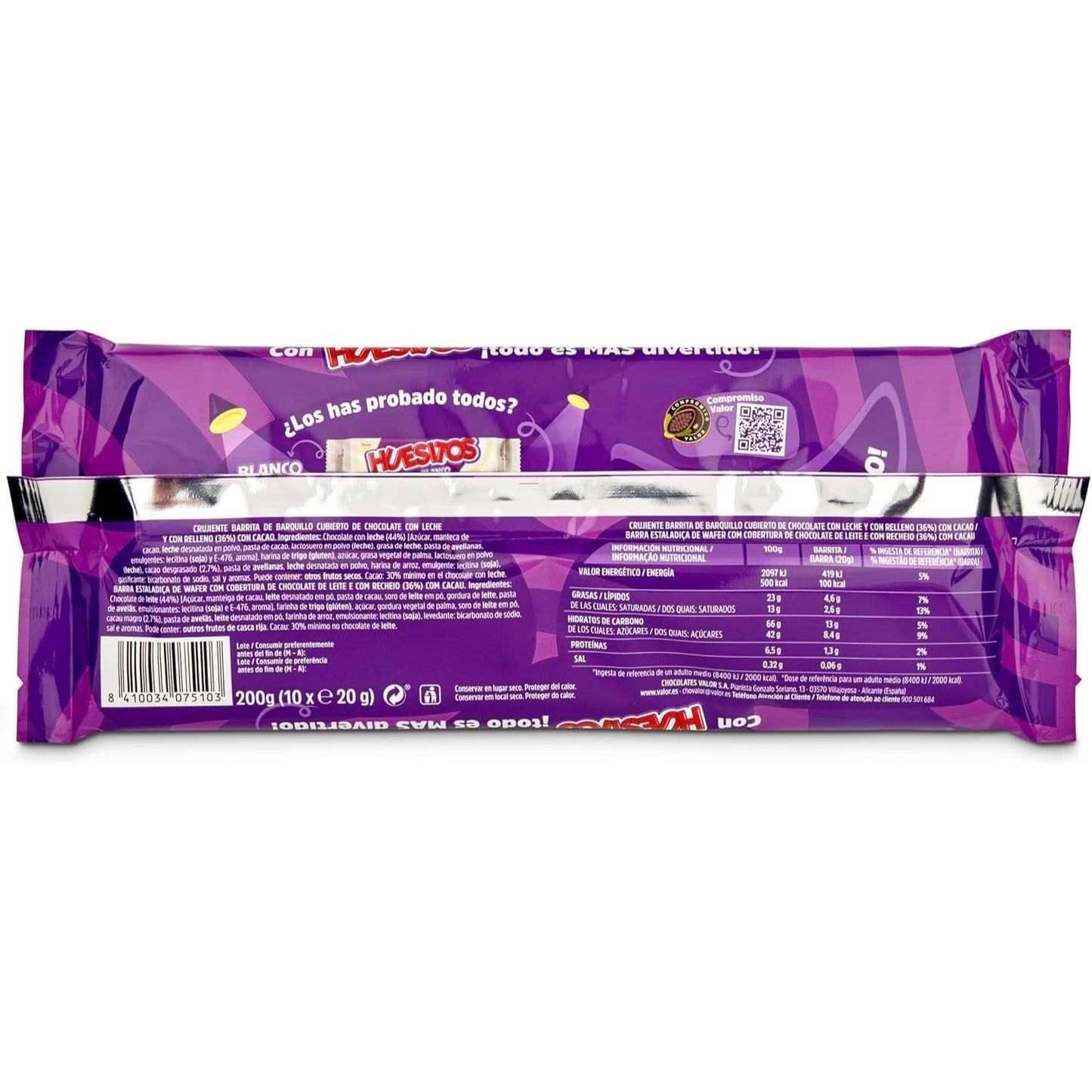 Huesitos Original Pack Ahorro 10 Unidades, Barritas de Barquillo Recubiertas de Chocolate con Leche, Chocolate VALOR, 20g por Barrita, 10 Unidades