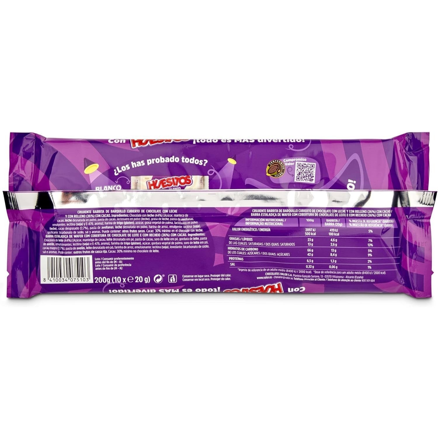 Huesitos Original Pack Ahorro 10 Unidades, Barritas de Barquillo Recubiertas de Chocolate con Leche, Chocolate VALOR, 20g por Barrita, 10 Unidades