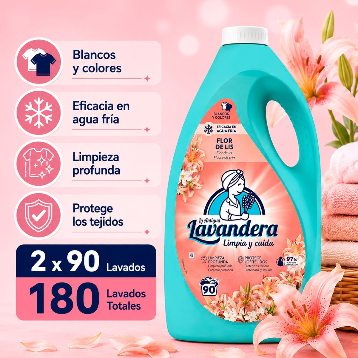 La Antigua Lavandera Detergente Líquido para Ropa, Aroma Flor de Lis, Pack de 2 Botellas de 90 Lavados Cada Una, 180 Lavados en Total