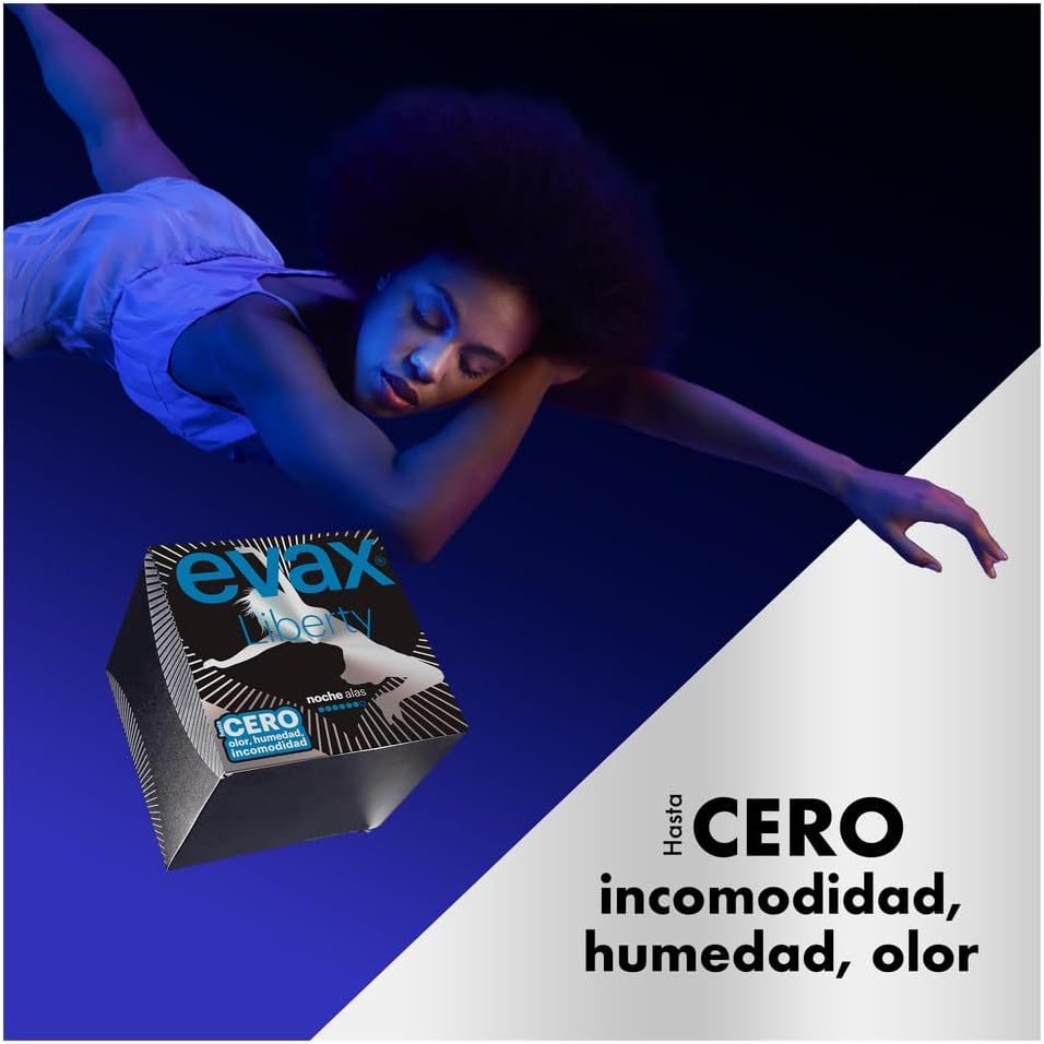 Evax Compresas Mujer Menstruación, Evax Liberty Noche Compresas Con Alas, Se Adapta a tu Cuerpo, Neutraliza el Olor, No Notarás Que Las Llevas, 72 Unidades