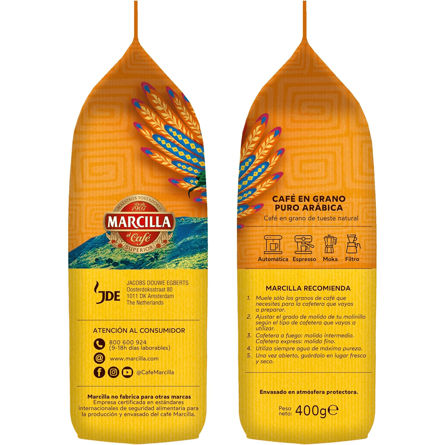 Marcilla Café Grano Puro Arábica Sudamérica Brasil & Colombia, Intensidad y Tostado Medio, Gran Aroma, Dulce, Vibrante y con Notas a Caramelo, Café en Grano Listo para ser Molido, 400g x 2 (800g)