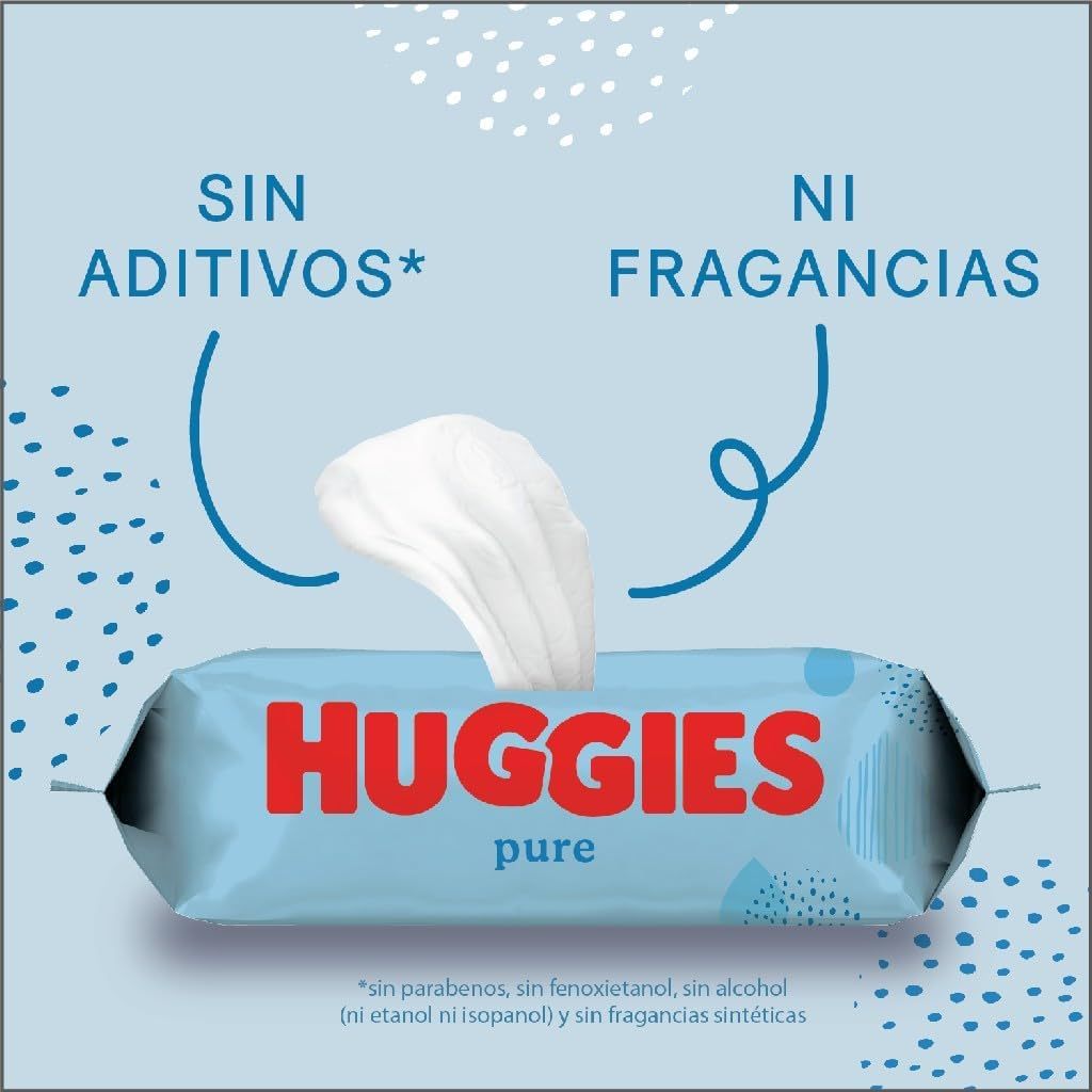 Huggies Pure Toallitas Bebé, Toallitas Húmedas, 99% Agua Pura, Textura Única, Algodonosa y Suave con la Piel, Limpieza Delicada de la Piel