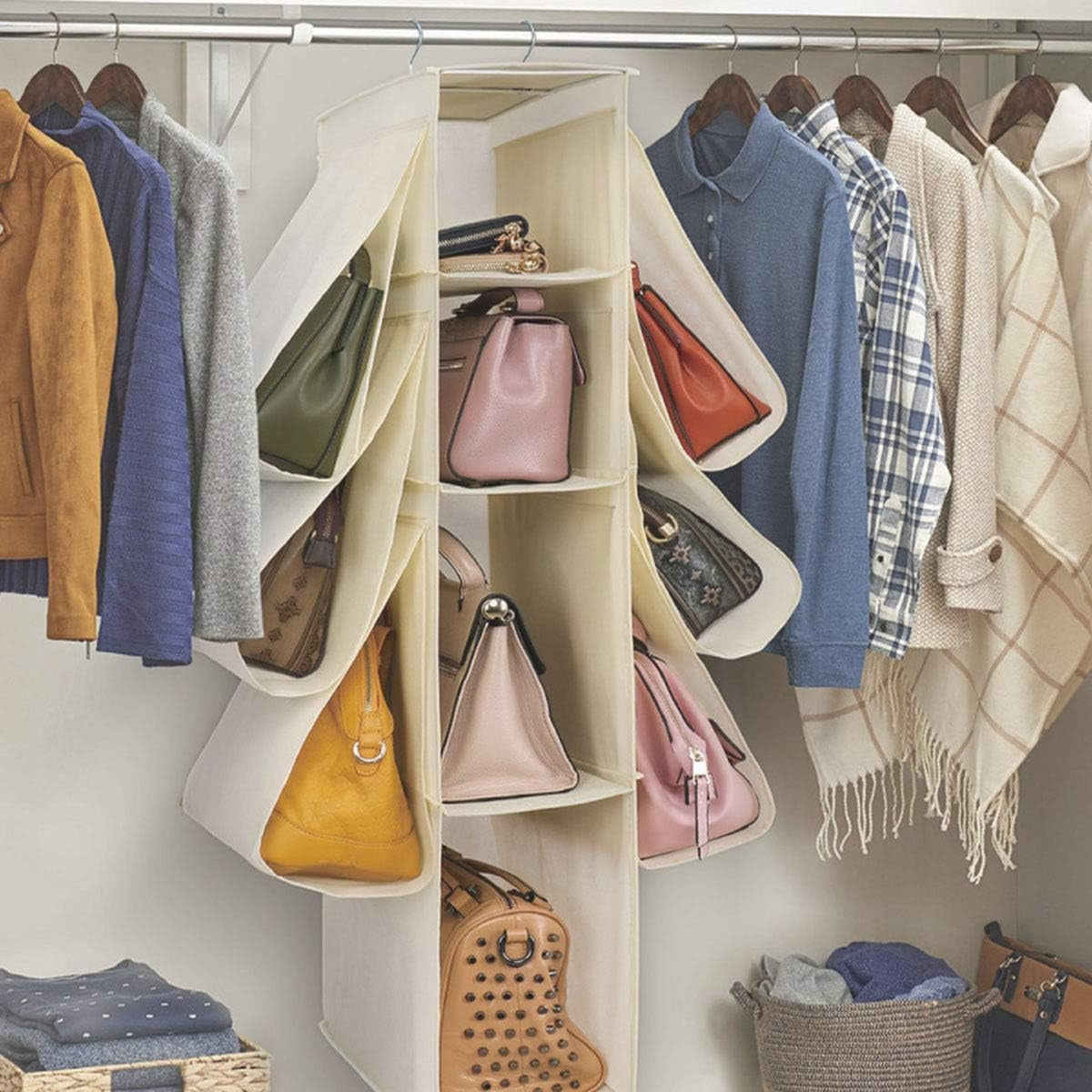 Organizador Armario Ropa, Organizador Bolsos de 18 x 36 x 80 cm, 2 Enganches Metálicos para Colgar, Compartimentos de Gran Capacidad, 4 Compartimentos Centrales, 6 Compartimentos Laterales