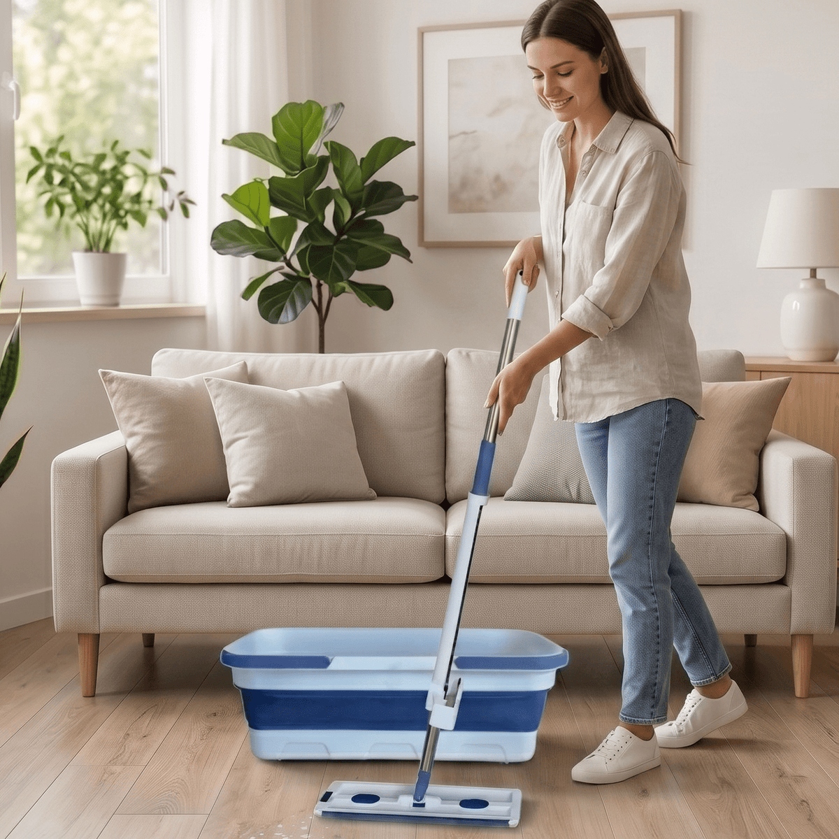 Mopa con Cubo Plegable, Cabezal Giratorio 360° que Permite Alcanzar Zonas Difíciles con Facilidad, Frabricada en Microfibra, Incluye Mecanismo de Autolimpieza, Perfecta para una Limpieza Rápida