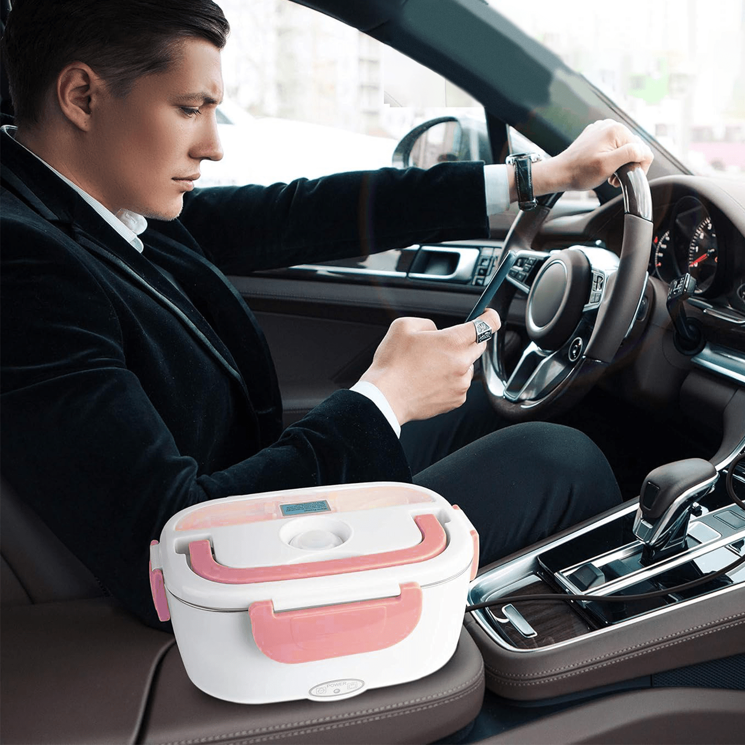 Caja Termica Portatil con 2 Compartimentos, Lonchera Electrica con Asa de Transporte, 1L de Capacidad, Calienta en Pocos Minutos, Enchufe para Coche Incluido, Espacio para Cubiertos con Cuchara Incluida, Fácil Limpieza