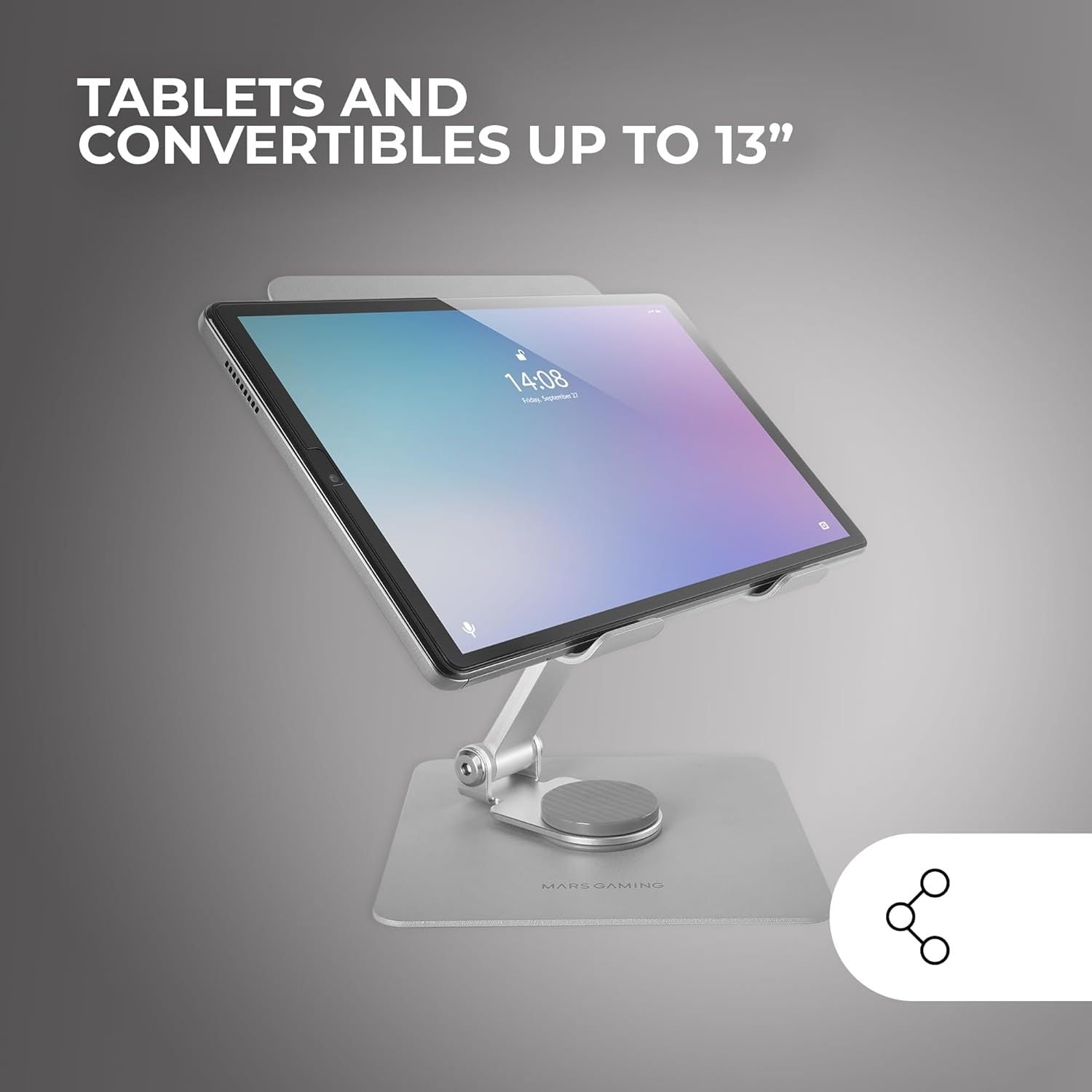 Mars Gaming MA-RST, Soporte para Tablet y Convertibles 2en1 hasta 13", Giratorio 360º + Ajustable en Altura y Ángulo 180º, Soporte Tablet Plegable de Acero Liviano, Antideslizante, Gris Plateado