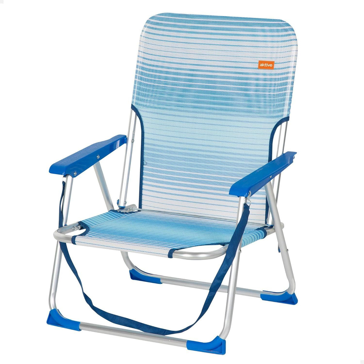 AKTIVE Silla Plegable Playa, Estructura de Aluminio Resistente, Soporta hasta 110Kg, Asiento Bajo, Incluye Reposabrazos, Topes Antivuelco y Asa de Hombro, Color Azul Rayas, 45x40x70 cm