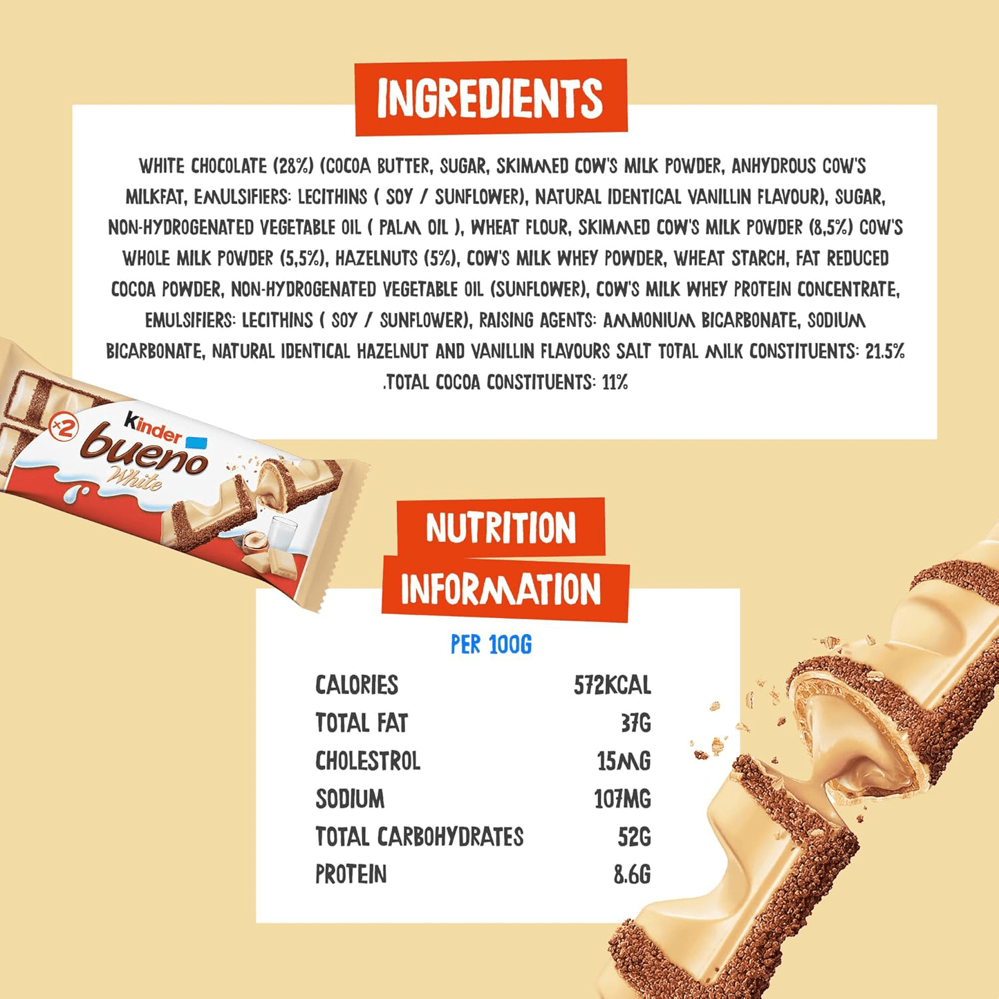 Kinder Bueno, Barritas de Chocolate Blanco y Crema de Avellanas, 1 Caja de 30 Paquetes de 43g, 60 Barritas en Total