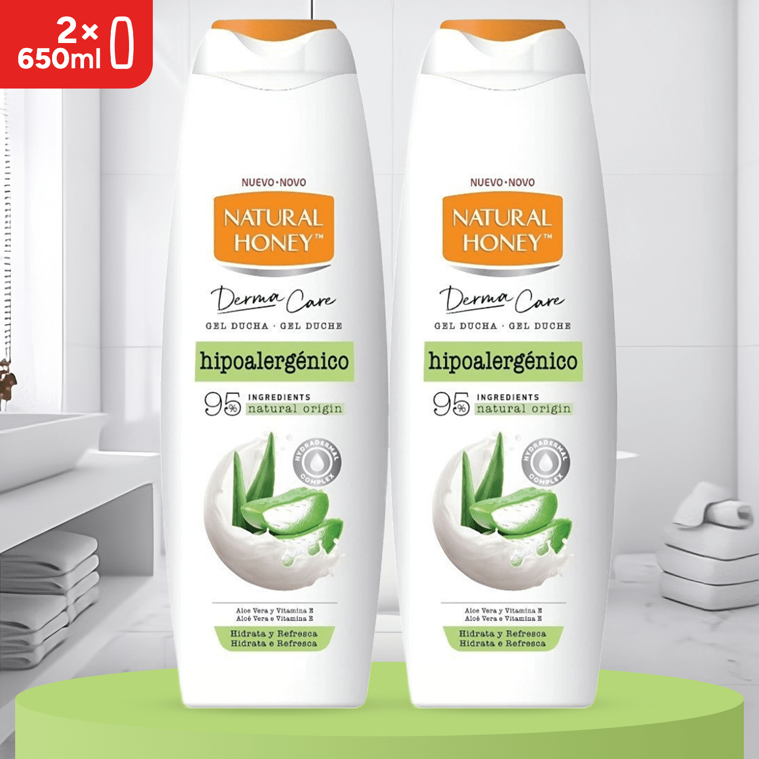 Natural Honey, Gel de Ducha Hipoalergénico con Aloe Vera, Vitamina E y Hydradermal Complex, Hidratante y Calmante para una Piel Suave y Revitalizada, Fragancia Fresca, Línea Derma Care, 650 ml