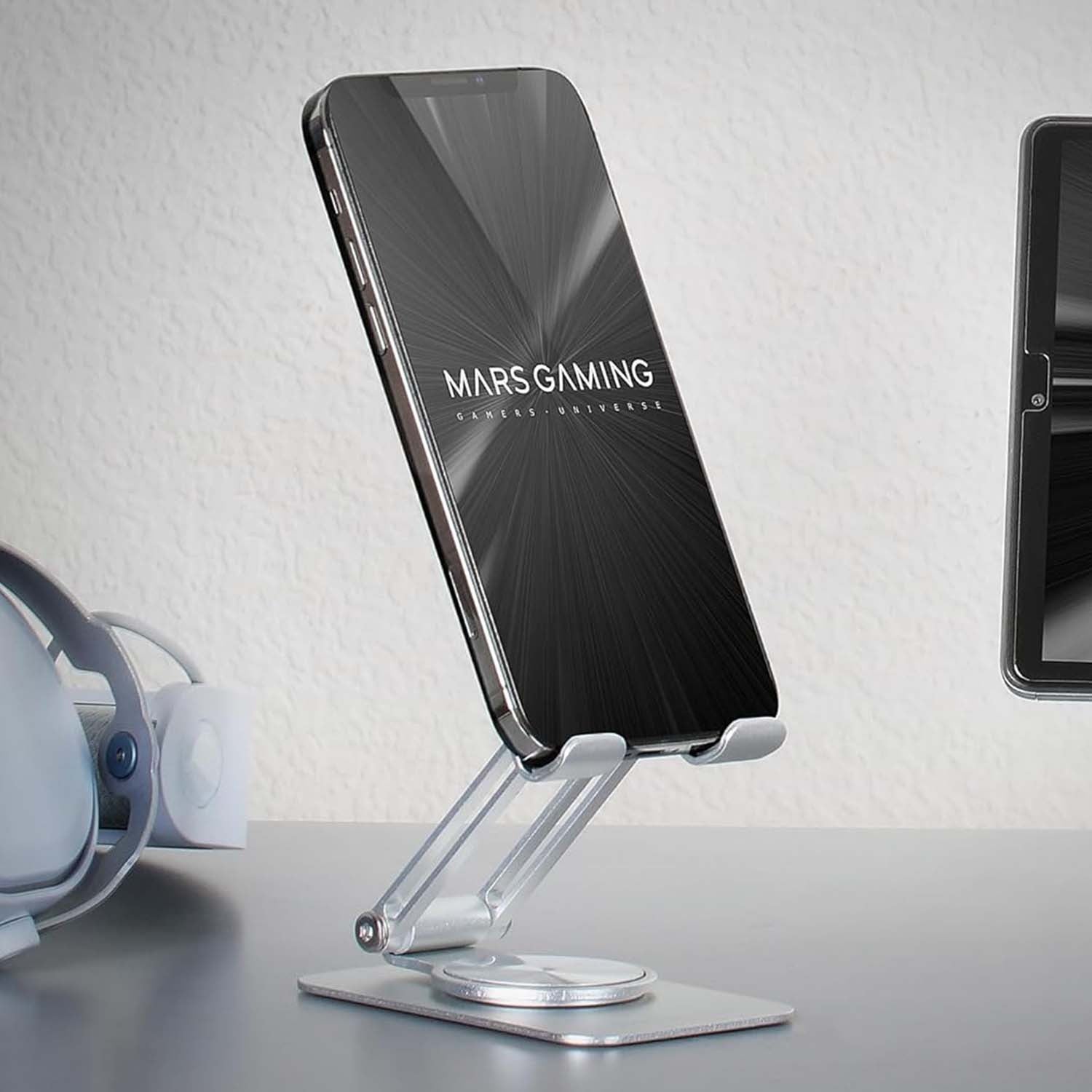 Mars Gaming MA-RSS, Soporte Plegable para Smartphone, Rotación Dinámica 360º + Ajuste en Altura y Ángulo 180º, Soporte Teléfono Móvil Portátil de Aluminio, Antideslizante, Gris Plateado