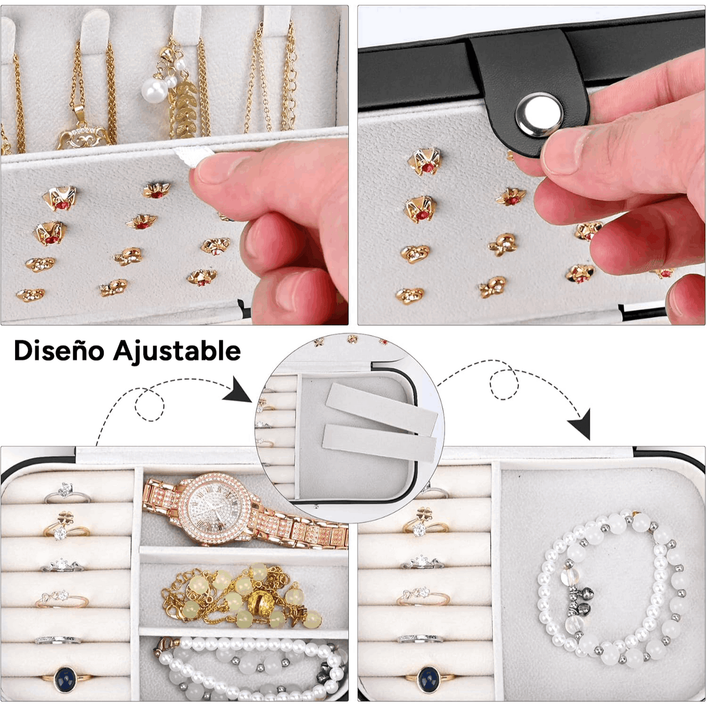 Joyeros Organizador de Mujer con Múltiples Compartimentos y Espacios, Impermeable, Cremallera Resistente, Interior Suave para Proteger las Joyas del Desgaste, 16cm Largo x 11.5cm Ancho x 5cm Alto, Caja Organizadora de Joyas