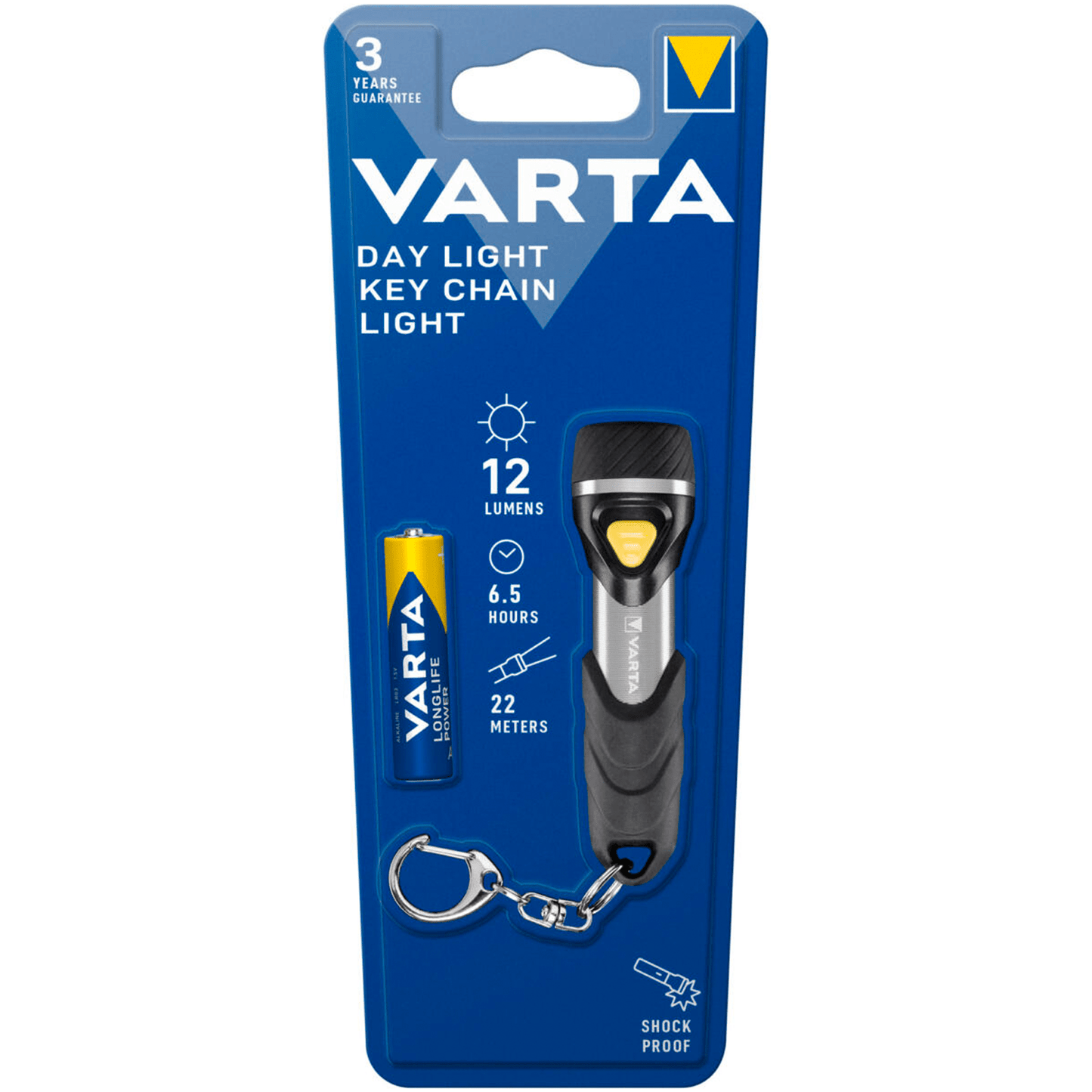 Linterna con Pilas, Luz LED, 12 Lumens, 6.5h de Duración, 22m de Alcance, Carcasa Resistente a Golpes, Llavero Incluido, Funciona con 1 Pila AAA (incluida), 9.4cm de Longitud - VARTA
