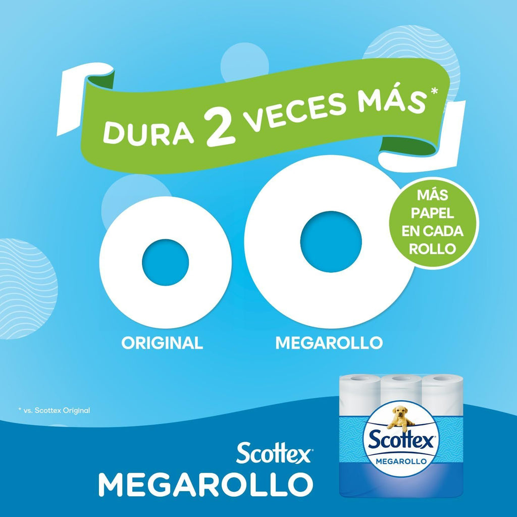 Scottex Papel Higiénico Megarollo, Doble de Cantidad de Papel por cada Rollo, Ahorra más en Cada Uso, 1 Megarollo Equivale a 2 Rollos Estándar