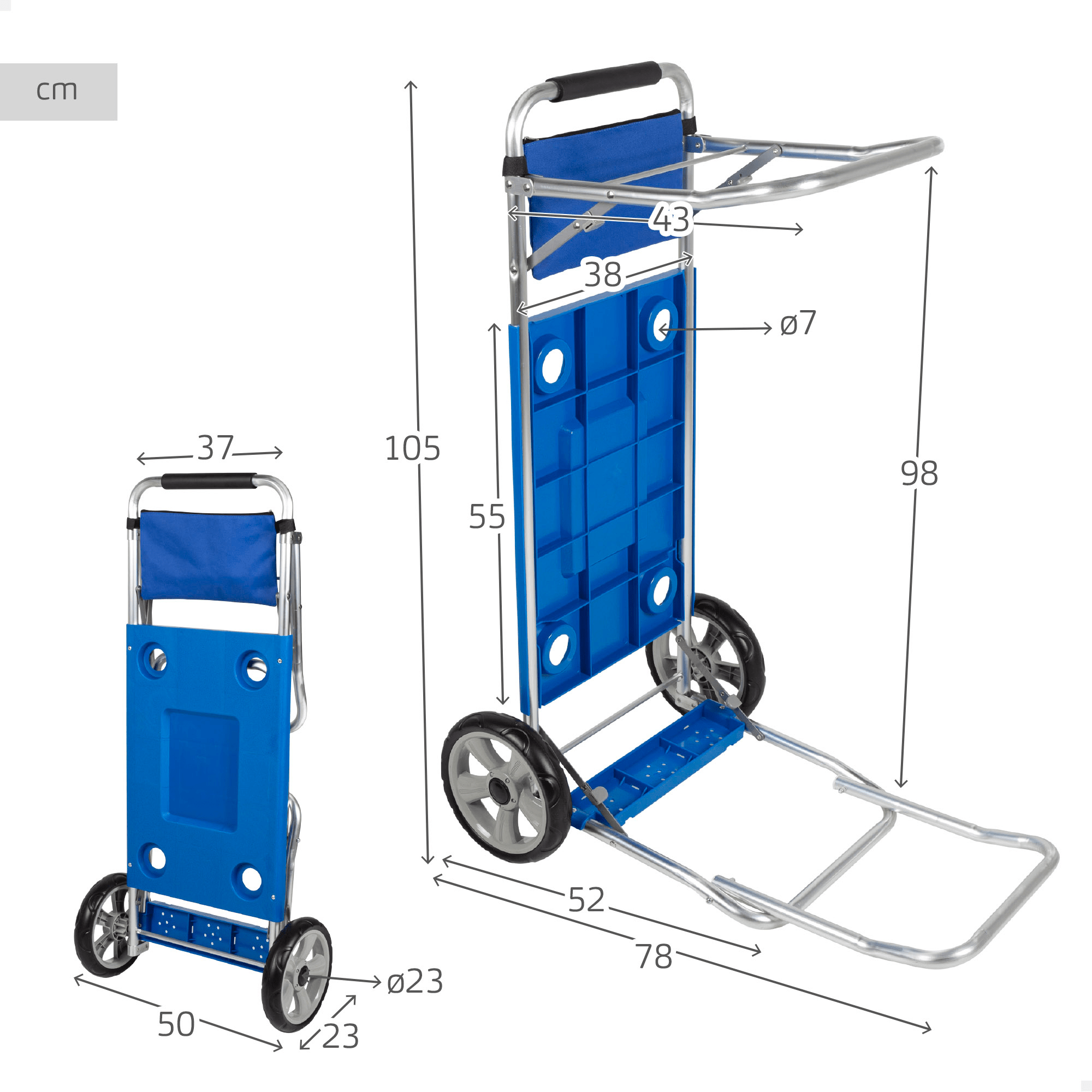 Carrito Playa Plegable, Carrito Multiuso con Barras Extensibles, Desmontable y Plegable, Perfecto como Mesa Portable, Hecho de Aluminio Resistente, Bolso Incorporado, Soporte Hasta 30Kg, 50 x 78 x 105cm