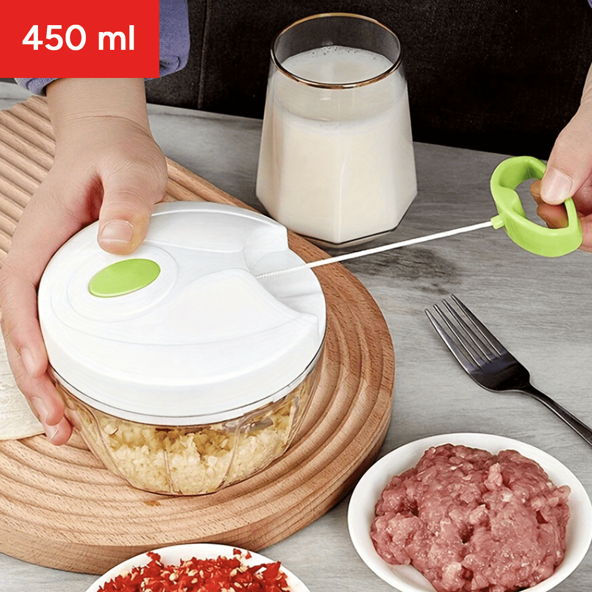 Picadora de Alimentos, Picadora Manual de Cocina, 450ml de Capacidad, Trocea, Mezcla, Machaca y Muele, Triple Cuchilla de Acero, Resistente, Fácil de Limpiar, Perfecto para Fruta, Verdura, Carne, Hierbas