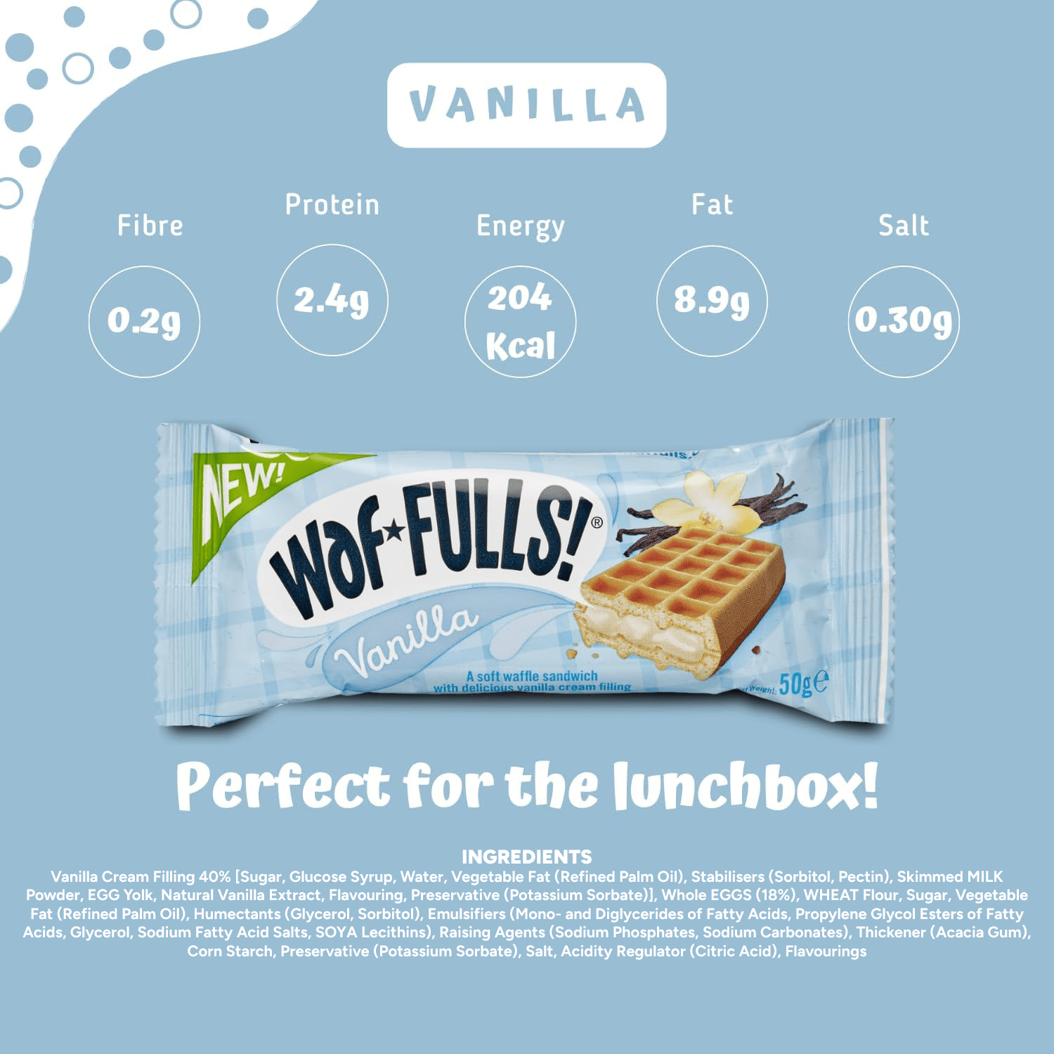 WafFULLS! Gofres de Vainilla, 12 Gofres para Picoteo, Desayuno y Merienda, Barritas Esponjosas Rellenas de Crema de Vainilla, Gofres Envueltos Individualmente Listo para Comer, Caja con 12 Gofres