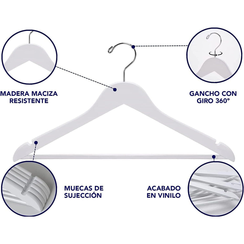Perchas Ropa de Madera Maciza de Color Blanco, Gancho Rotatorio de 360º, Barra Horizontal, Muecas de Sujeción, Acabado en Vinilo, Perchas para Chaquetas, Trajes, Abrigos, Sudaderas