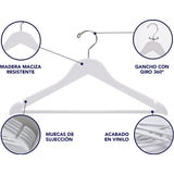 Perchas Ropa de Madera Maciza de Color Blanco, Gancho Rotatorio de 360º, Barra Horizontal, Muecas de Sujeción, Acabado en Vinilo, Perchas para Chaquetas, Trajes, Abrigos, Sudaderas