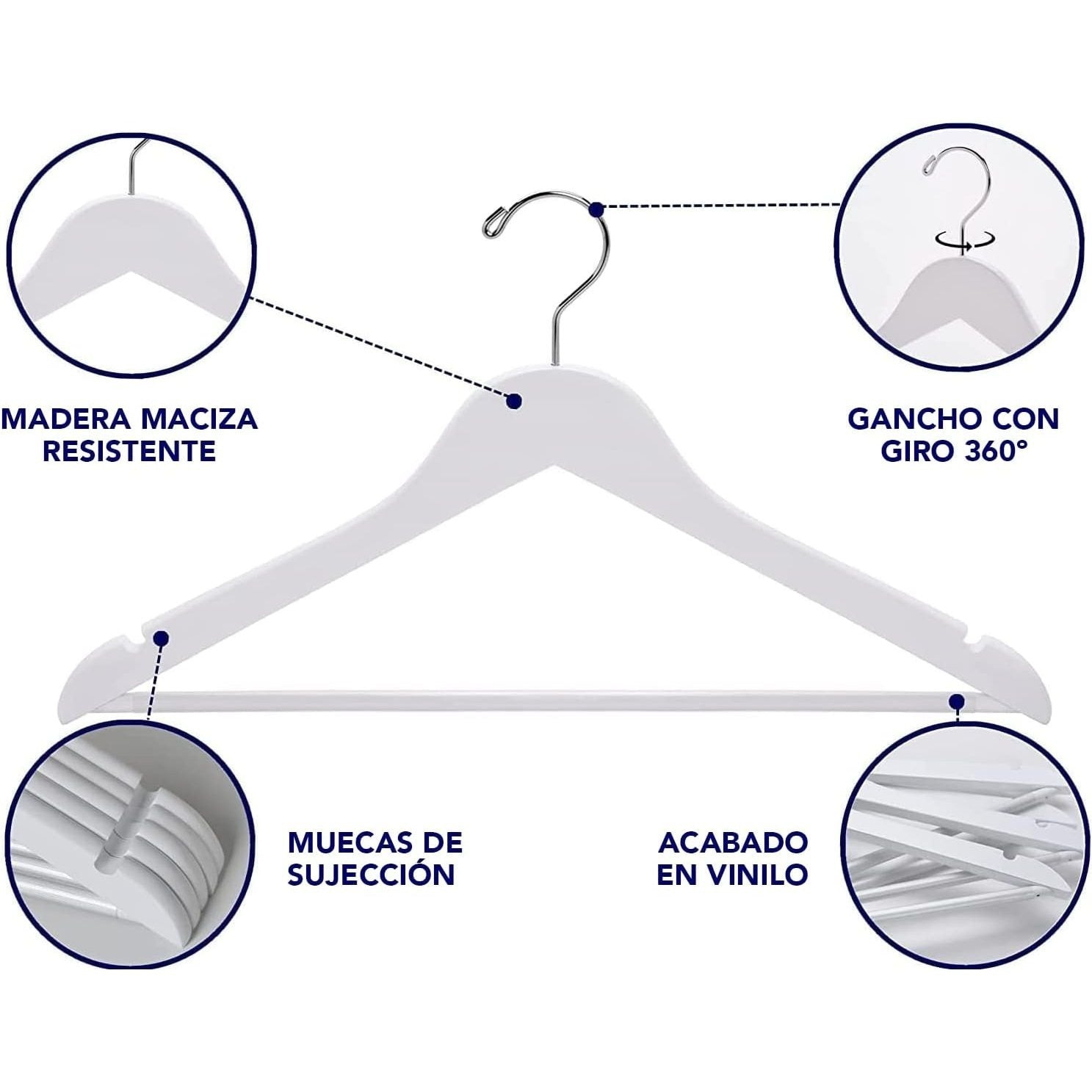 Perchas Ropa de Madera Maciza de Color Blanco, Gancho Rotatorio de 360º, Barra Horizontal, Muecas de Sujeción, Acabado en Vinilo, Perchas para Chaquetas, Trajes, Abrigos, Sudaderas