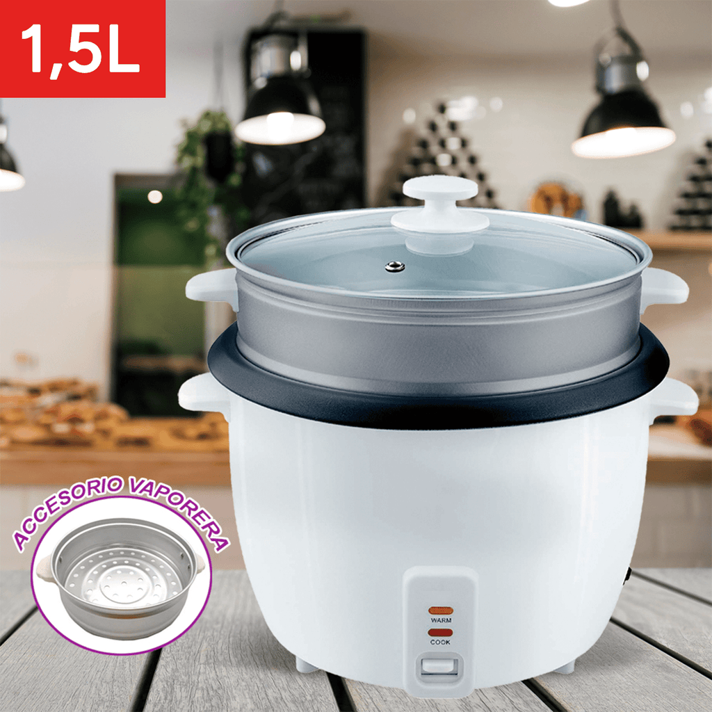 Hervidor de Arroz de Gran Capacidad, Arrocera con Función de Cocinar o Calentar, Contenedor Interno con Recubrimiento Antiadherente, Tapa de Vidrio Transparente, Indicador luminoso