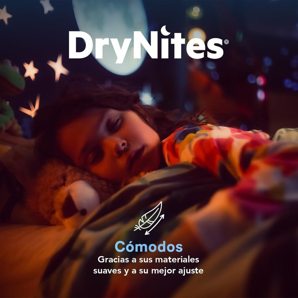 HUGGIES Dry Nites Bragas Absorbentes Niña, Clínicamente Probado con 5 capas de Máxima Protección Nocturna, Hasta un 100% de Noches Secas, Diseñados para parecer y sentirse como Ropa Interior de verdad, Pañales de Noche