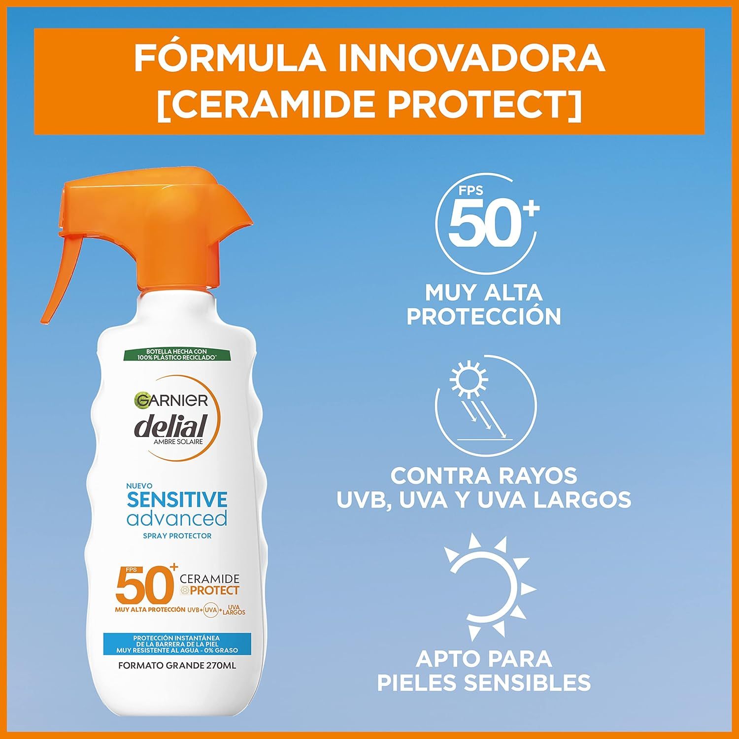 Garnier Protector Solar Spray Adultos Delial Sensitive Advanced, Ideal para Pieles Claras, Sensibles e Intolerantes al Sol, IP50+ -270 ml, Protección Avanzada Contra Rayos UVB, UVA Y UVA Largos, No Deja Manchas, 0% Grasa 0% Pegajosa