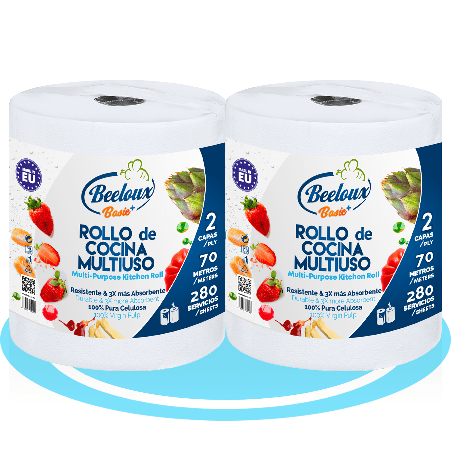Rollo Papel Cocina Multiuso de 2 Capas, Rollo de Toallas de Papel, Resistente y Muy Absorbente, Hecho con Celulosa Pura, Hasta 280 Usos, 70 metros
