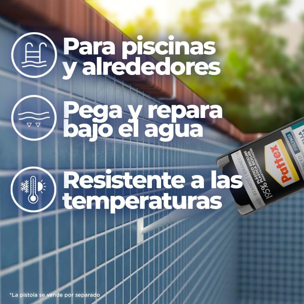 Pattex Sellador Piscinas, Polímero Adhesivo Impermeable con Flextec, Multimaterial, Adhiere Bajo el Agua, Ideal para Sellar, Pegar y Reparar Piscinas, Blanco, 280ml