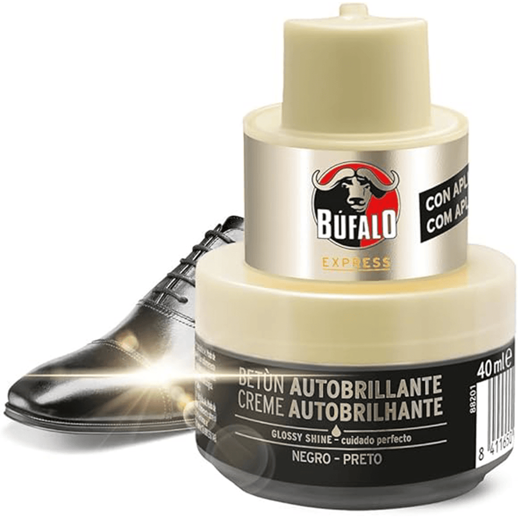 Búfalo Betún Calzado Autobrillante color Negro, Crema para Zapatos, Aporta Color y Brillo, Esponja Integrada, 40 ml