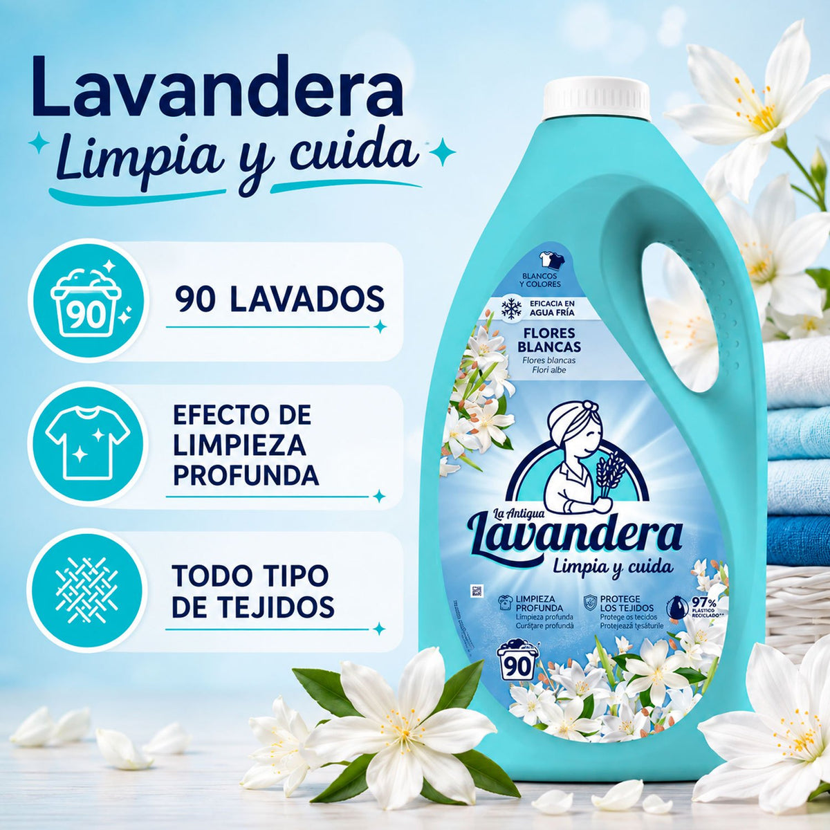 La Antigua Lavandera Detergente Líquido Flores Blancas, para Lavado y Cuidado de la Ropa, Ayuda a Mantener los Colores y la Suavidad con Agradable Aroma Floral, 90 Lavados