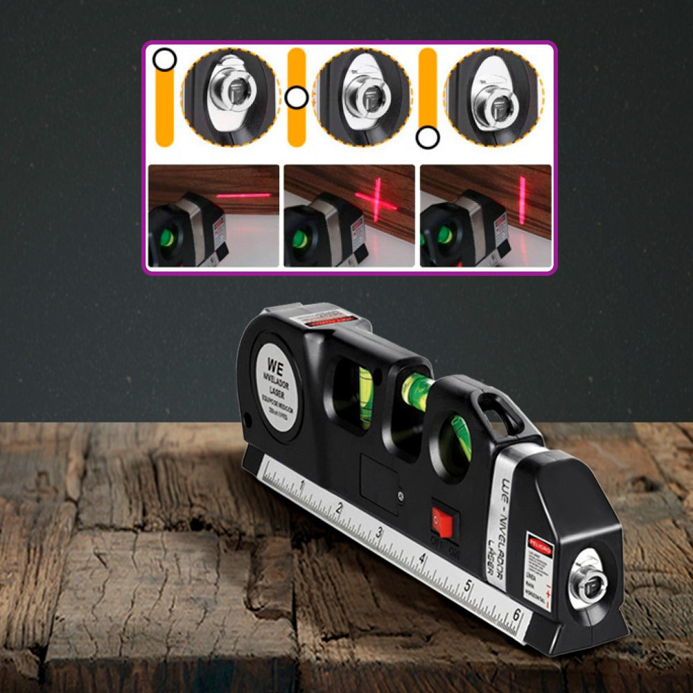 Nivel Laser, Mide con Precisión de forma Práctica y Fácil, Flexómetro 250 cm, 3 burbujas, Regla, Botón ON/OFF Láser, Funciona con 3 Pilas LR44