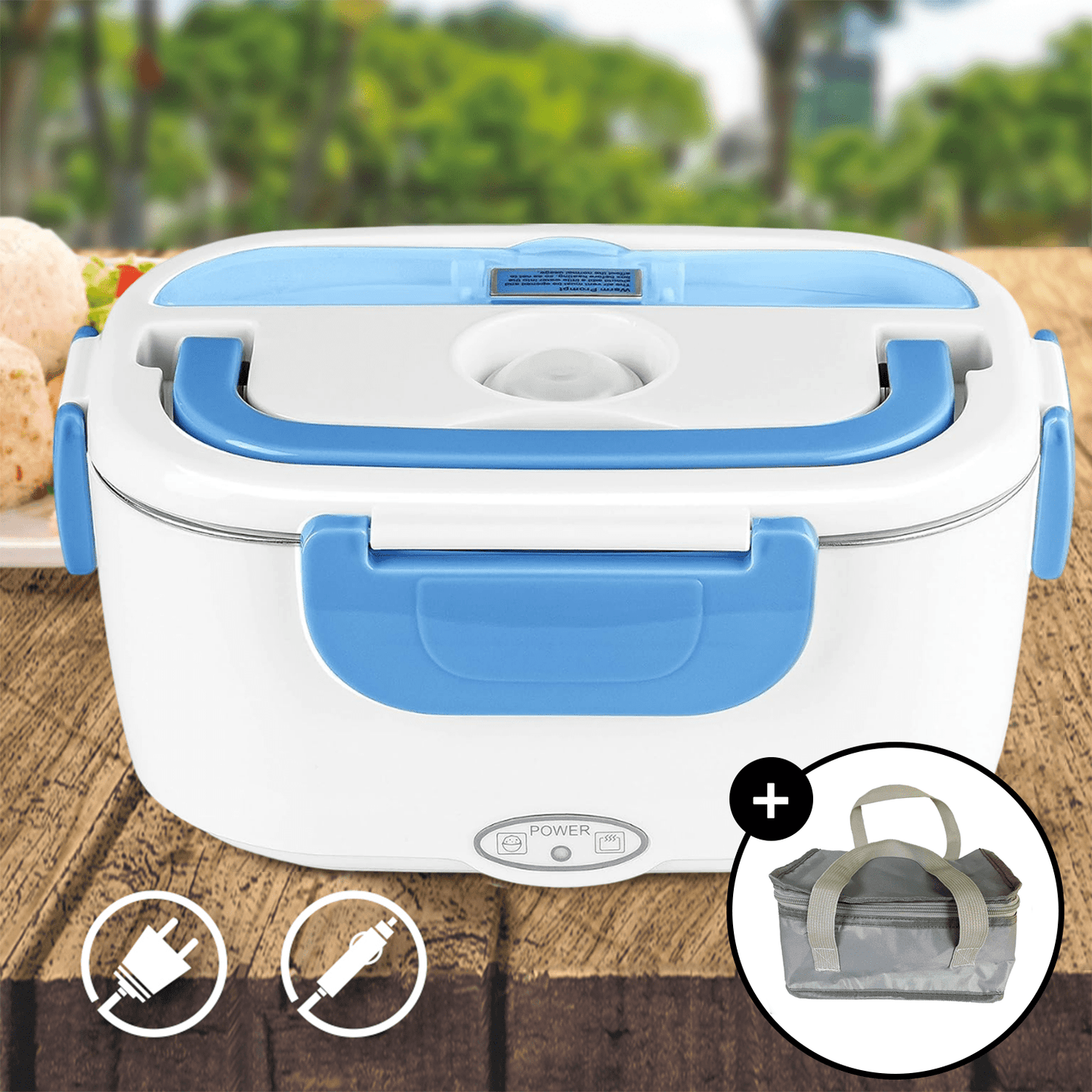 Caja Termica Portatil con 2 Compartimentos Extraibles y Bolsa Térmica, Lonchera Electrica con Asa de Transporte, 1L de Capacidad, Calienta en Pocos Minutos, Enchufe para Casa y Coche Incluido, Espacio para Cubiertos con Cuchara Incluida, Fácil Limpieza