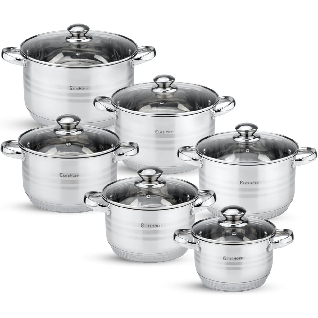 Juego de Ollas de Acero Inoxidable, 12 Piezas, Tapas Incluidas, Apto para Lavavajillas, Apto para Cocina Eléctrica, Gas, Vitrocerámica e Inducción